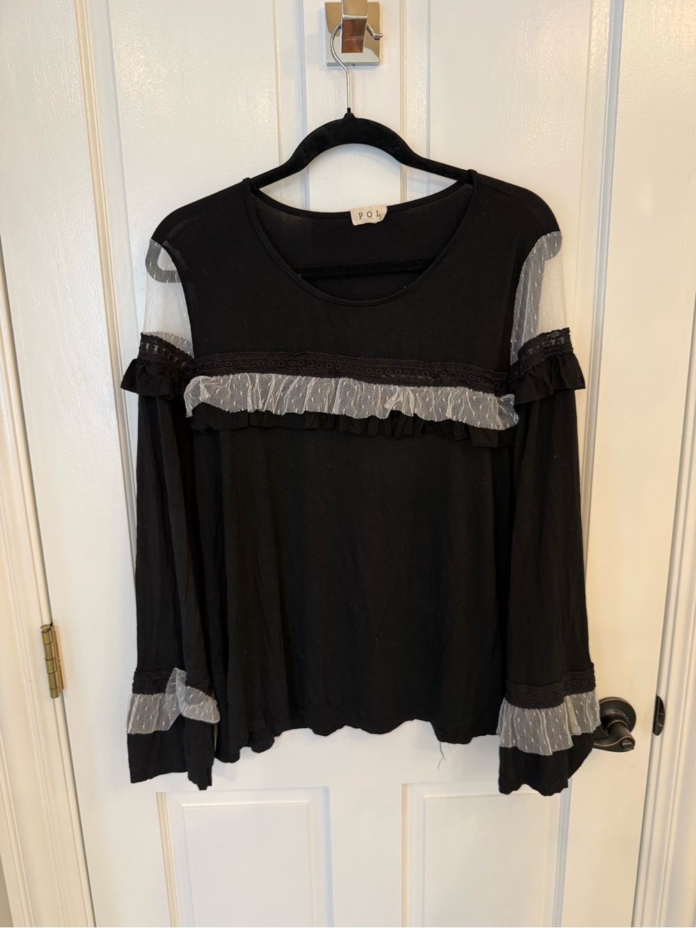 POL Black Long-Sleeve Cold-Shoulder Top with Sheer Ruffles